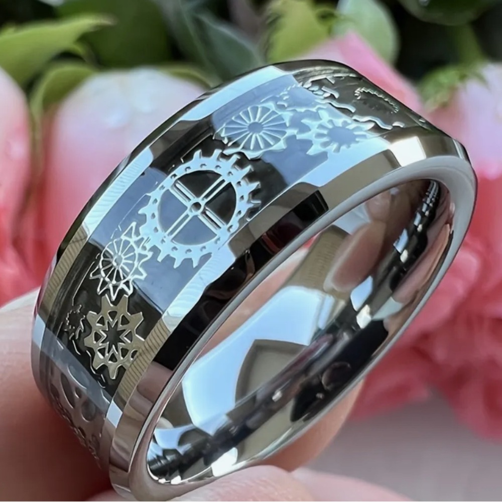 Silver Punk Gear with Black Design Titanium Ring